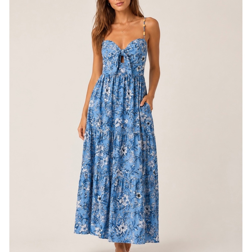 House of Harlow Maxi Dress Floral Linen Blend Bow Tie Blue Medium